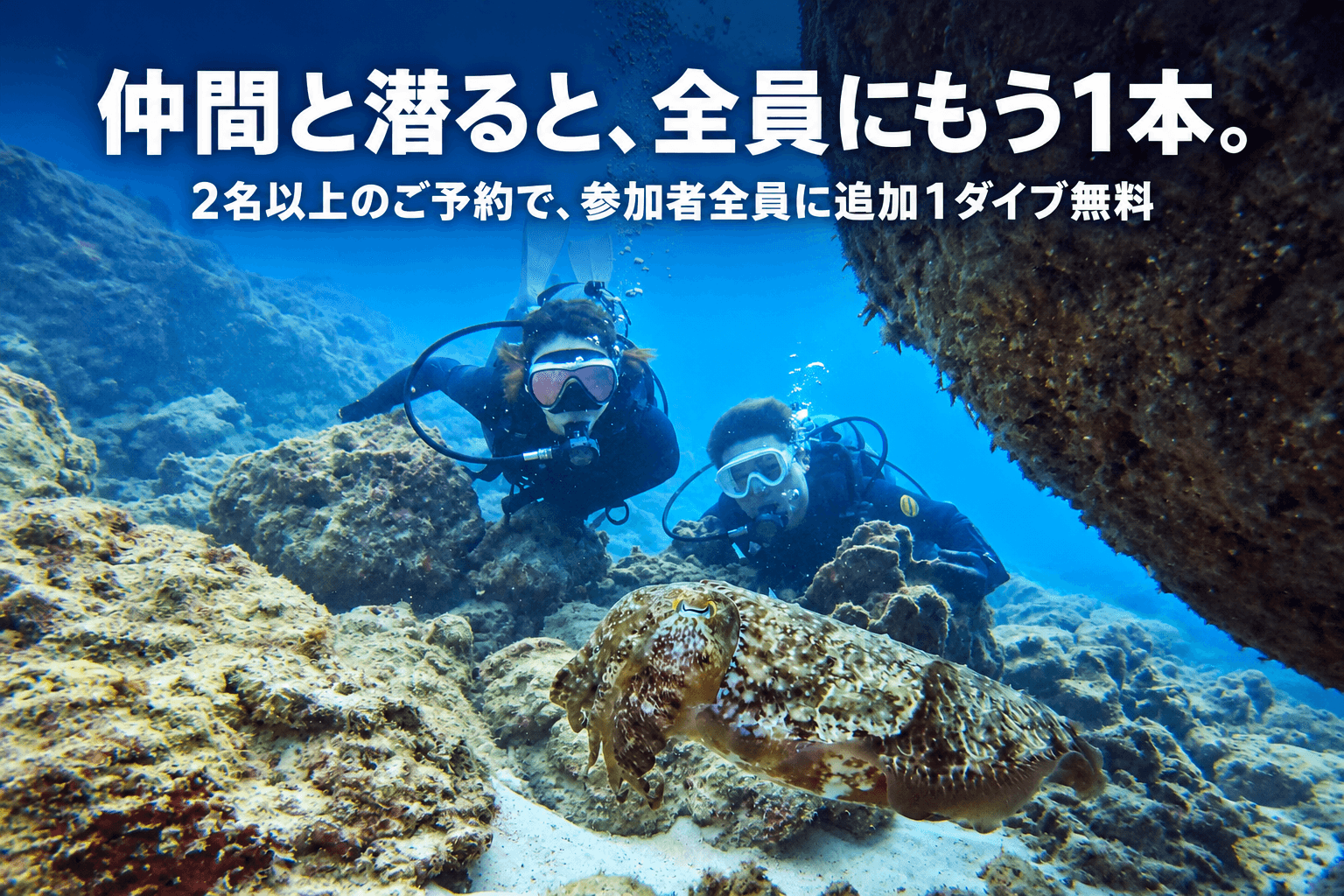 2名以上で予約すると参加者全員に追加1ダイブ無料。岩陰で並んで潜るダイバー2人