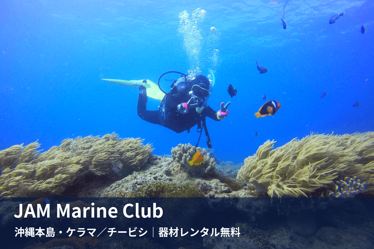 ケラマ諸島・チービシのサンゴと魚とダイバー。JAM Marine Club（沖縄本島）